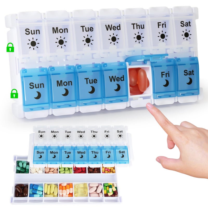 AM PM Pill Box 7 Day, Easy Fill Push Button Large Weekly Pill Box Medicine Organiser for Vitamin, Fish Oil, Supplements(Blue)